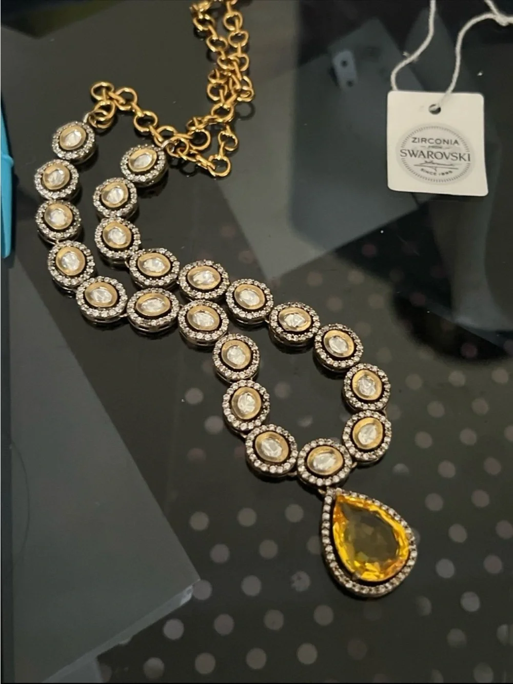 Gorgeous topaz 6.2CT tear drop antique gold plated necklace with clear crystals